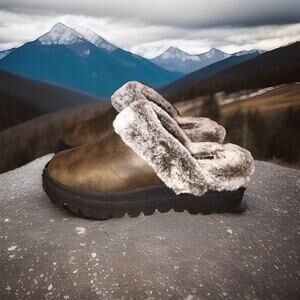 NEW Skechers Shindigs Fortress Chunky Clog Brown Suede Faux Fur Shoes sz 6.5